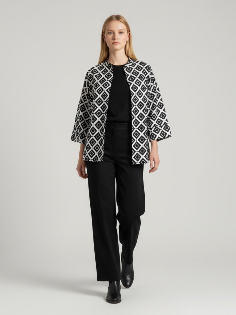 NATORI Black White Geometric Geo Mod Open Front Jacket Blazer Coat Cardigan XS